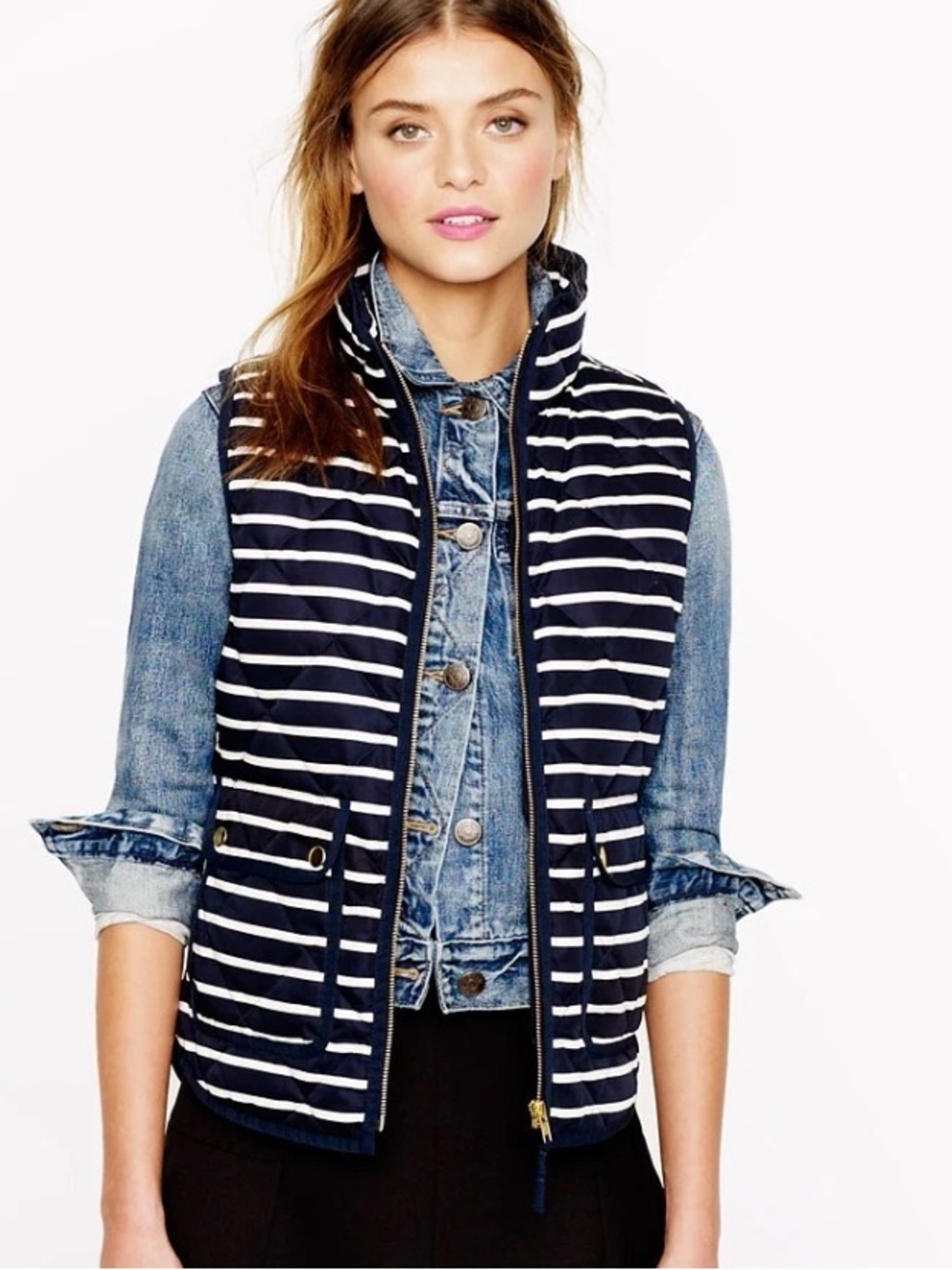 JCREW STRIPED PREPPY Navy White Quilted ZIPPERED Puffer Vest XS